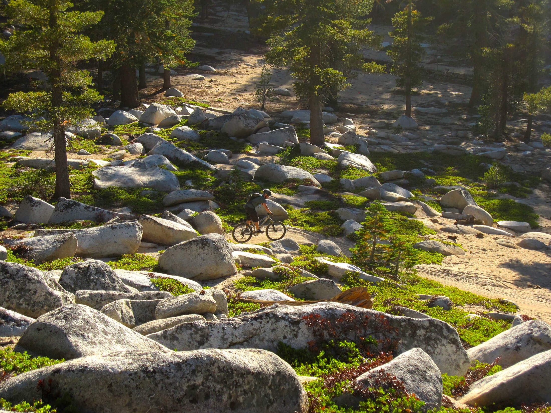 A wide shot of a man riding a bike in the mountains
