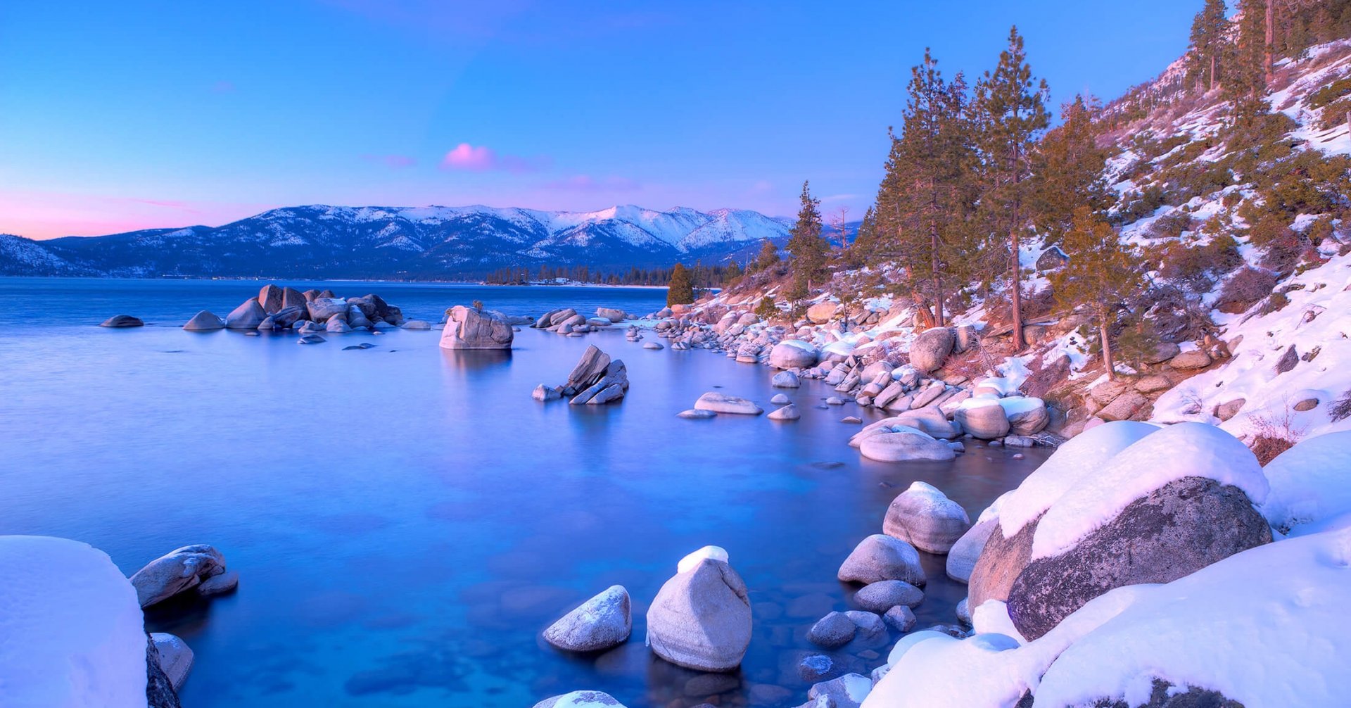 Pine trees near snow-covered boulders next to the water