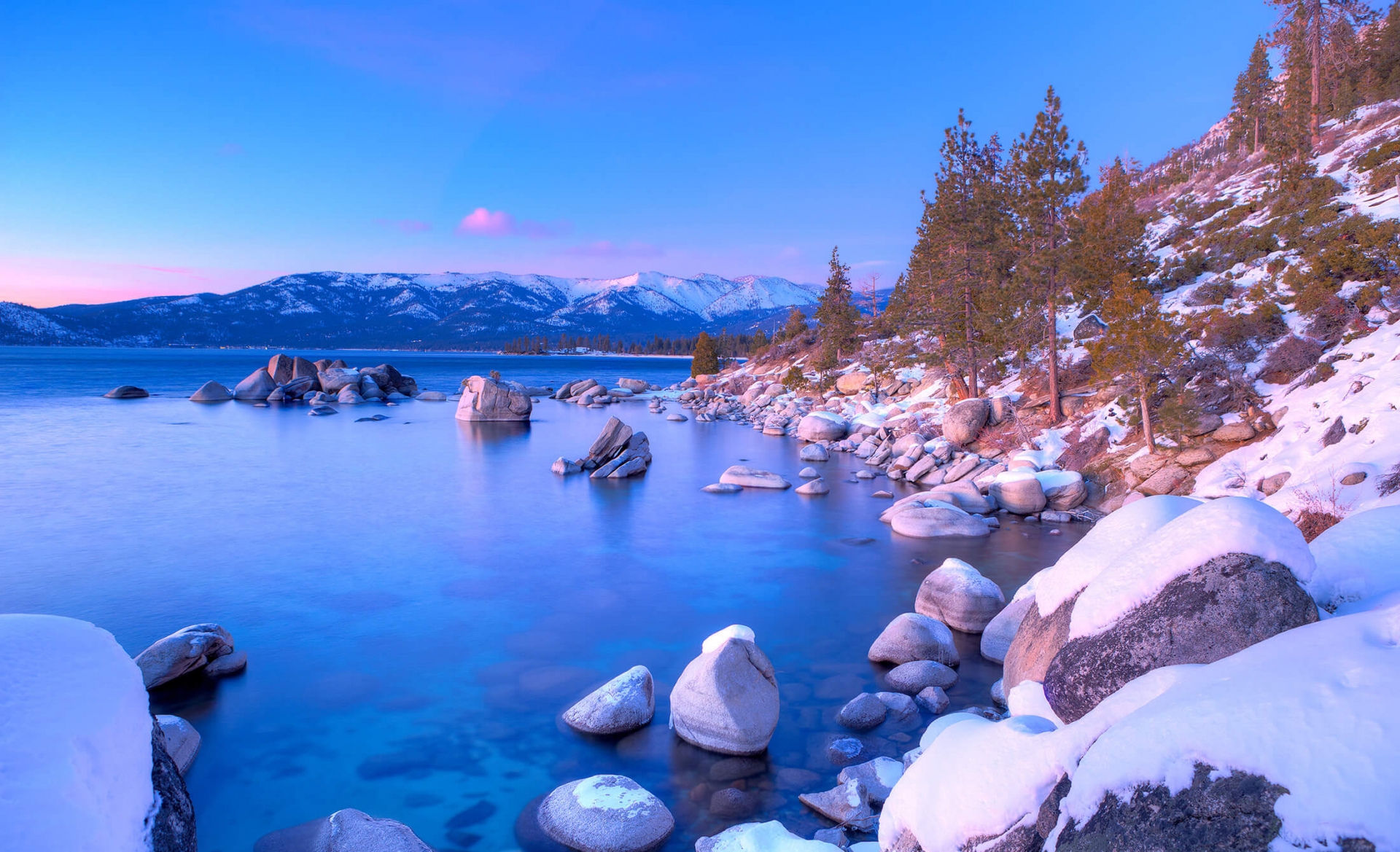 Pine trees near snow-covered boulders next to the water