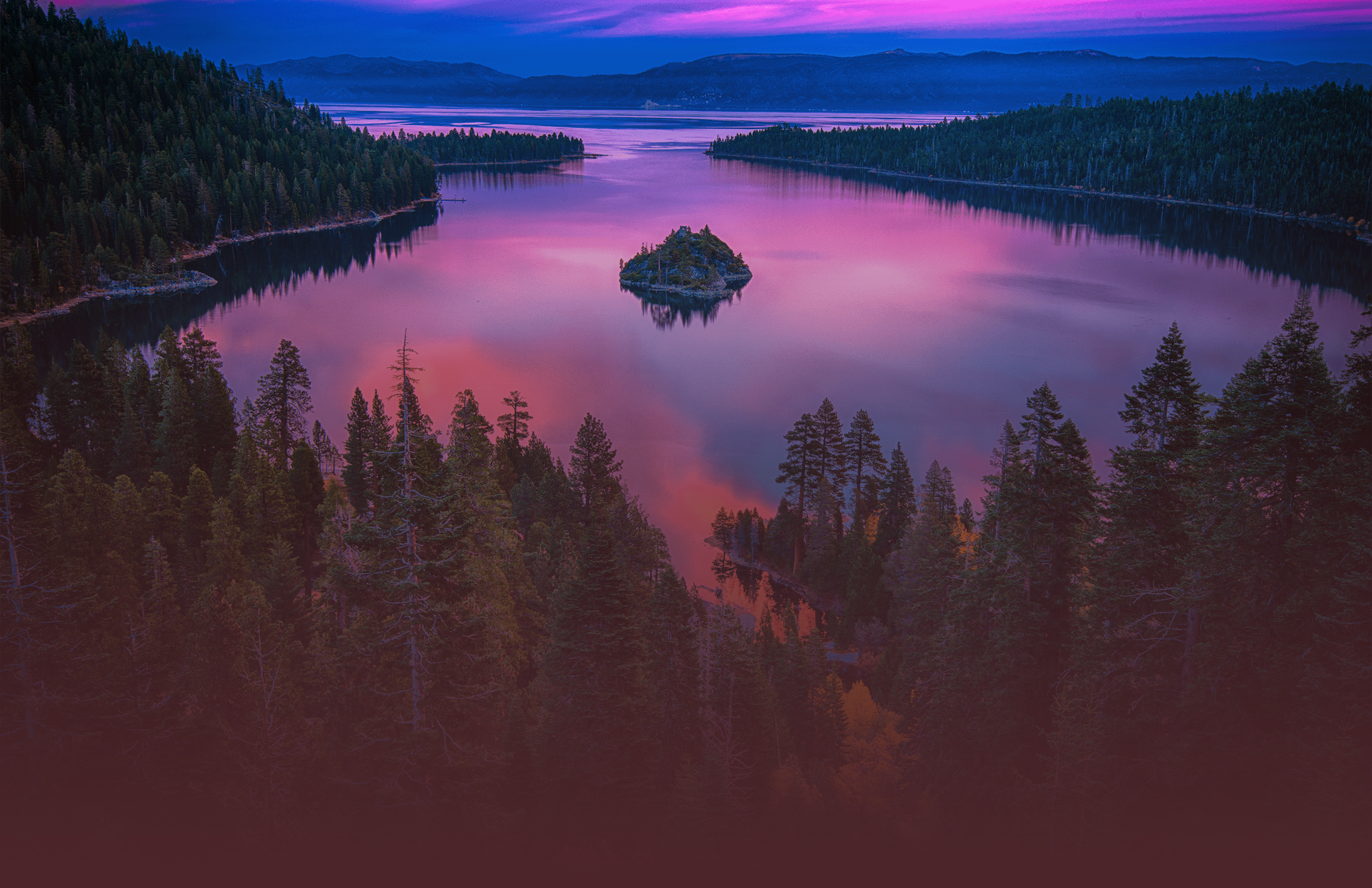 A wide shot of trees surrounding the lake during sunset