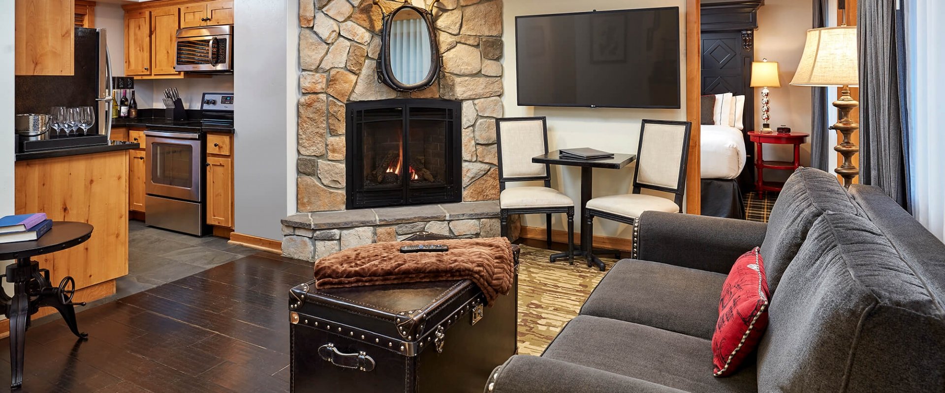 The living room and kitchen from the three bedroom suite of The Landing Lake Tahoe