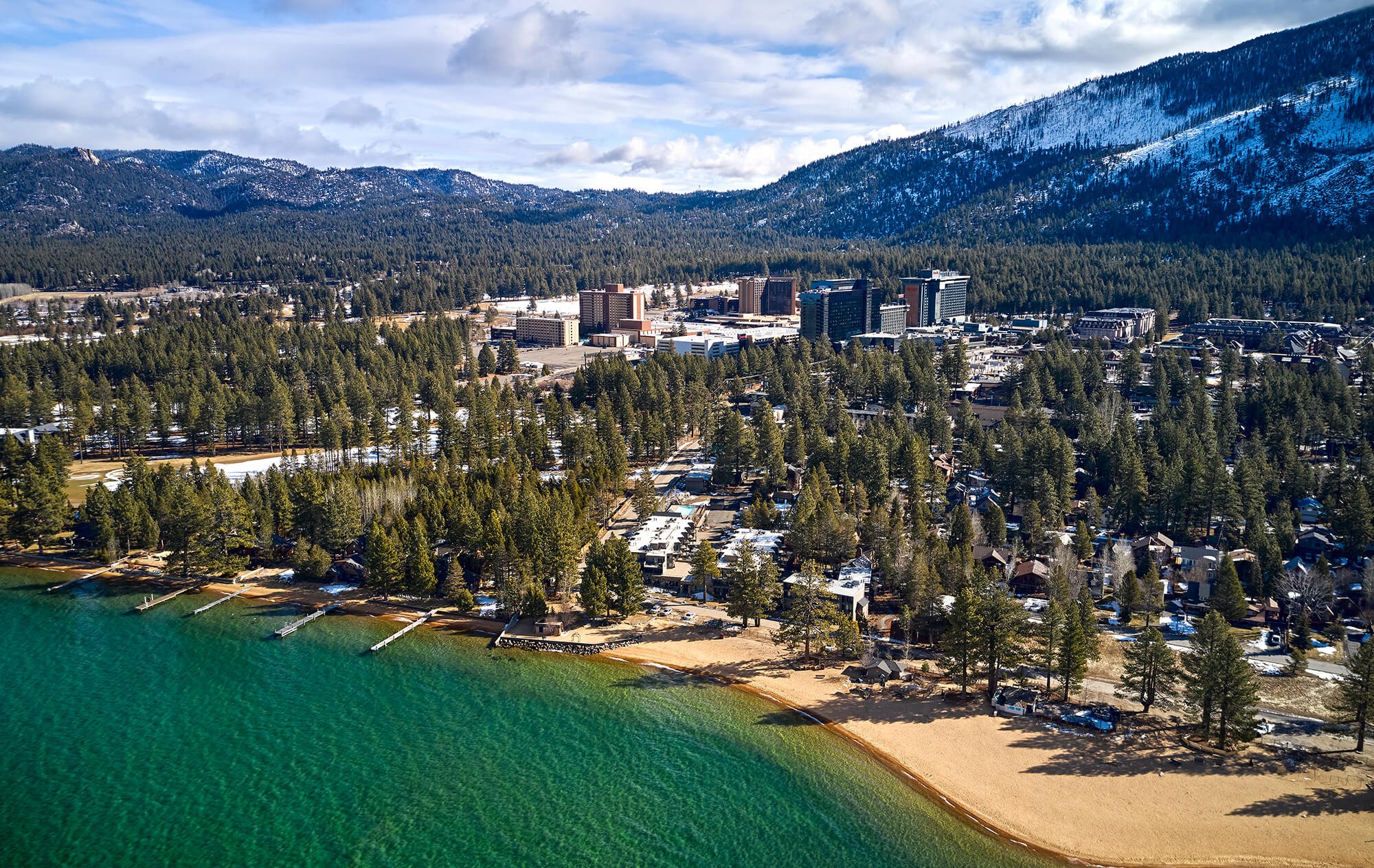 Lake Tahoe CA as seen from a drone flying over the lake