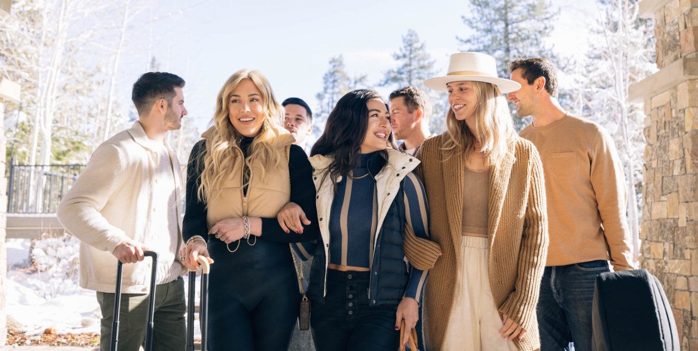 Group of friends walking into The Landing Tahoe
