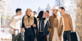 Group of friends walking into The Landing Tahoe