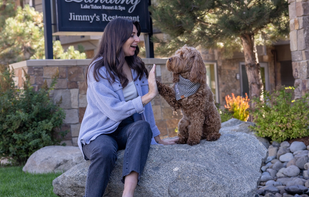 Dog with owner outside Jimmy's Restaurant