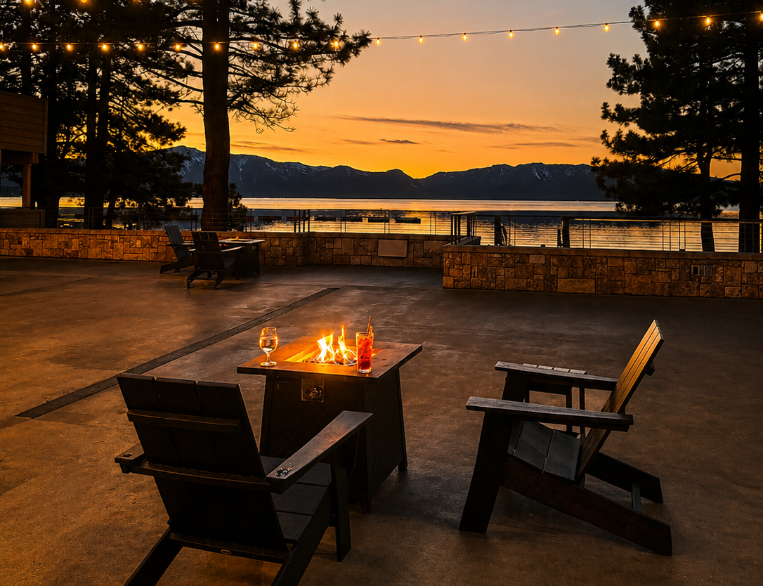 A serene outdoor seating area with a fire pit, chairs, and a view of a lake and mountains at sunset.